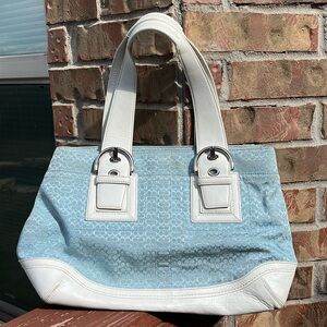 Coach handbag pre-owned  mini c signature baby blue and white, some stains.